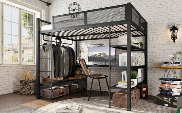 English Elm Queen Metal Loft Bed with Built-in Desk Shelves and Hanging Rod for Small Spaces W5305S00031