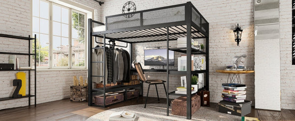 English Elm Queen Metal Loft Bed with Built-in Desk Shelves and Hanging Rod for Small Spaces W5305S00031