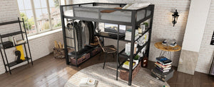 English Elm Queen Metal Loft Bed with Built-in Desk Shelves and Hanging Rod for Small Spaces W5305S00031