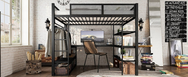 English Elm Queen Metal Loft Bed with Built-in Desk Shelves and Hanging Rod for Small Spaces W5305S00031
