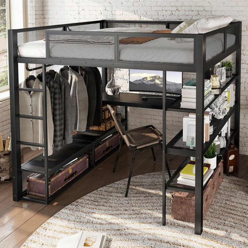 English Elm Queen Metal Loft Bed with Built-in Desk Shelves and Hanging Rod for Small Spaces W5305S00031