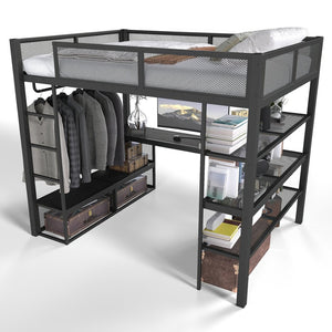 English Elm Queen Metal Loft Bed with Built-in Desk Shelves and Hanging Rod for Small Spaces W5305S00031