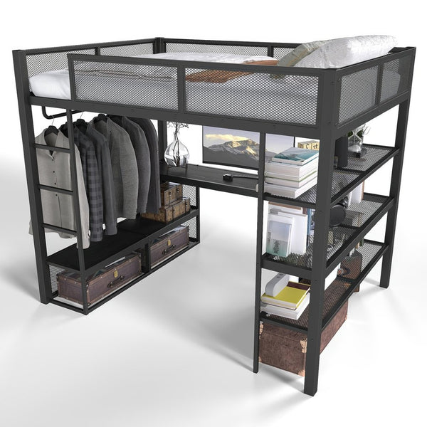 English Elm Queen Metal Loft Bed with Built-in Desk Shelves and Hanging Rod for Small Spaces W5305S00031