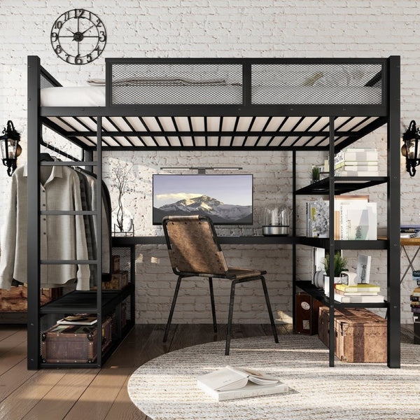 English Elm Queen Metal Loft Bed with Built-in Desk Shelves and Hanging Rod for Small Spaces W5305S00031