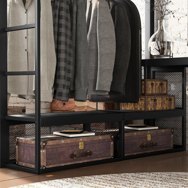 English Elm Queen Metal Loft Bed with Built-in Desk Shelves and Hanging Rod for Small Spaces W5305S00031