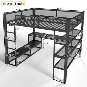 English Elm Queen Metal Loft Bed with Built-in Desk Shelves and Hanging Rod for Small Spaces W5305S00031