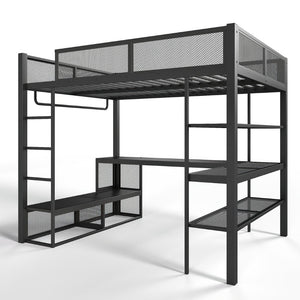 English Elm Queen Metal Loft Bed with Built-in Desk Shelves and Hanging Rod for Small Spaces W5305S00031