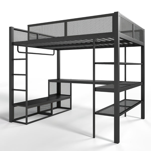 English Elm Queen Metal Loft Bed with Built-in Desk Shelves and Hanging Rod for Small Spaces W5305S00031