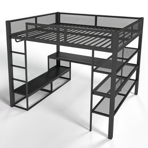 English Elm Queen Metal Loft Bed with Built-in Desk Shelves and Hanging Rod for Small Spaces W5305S00031