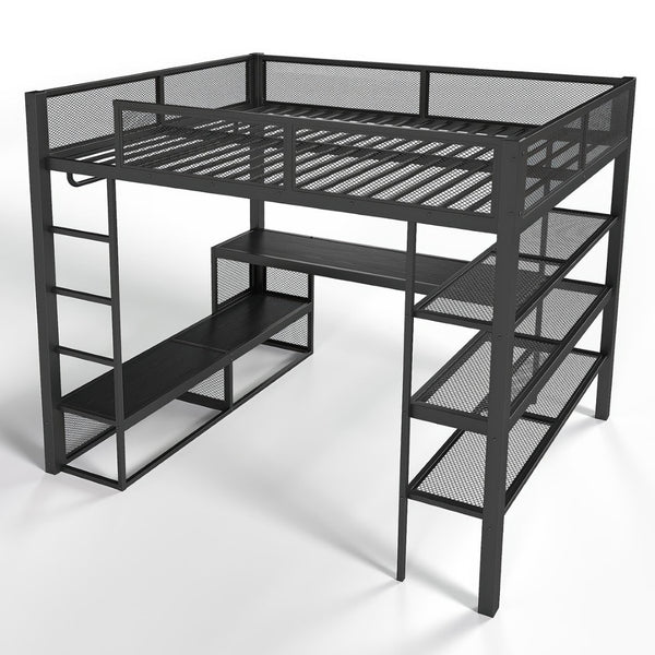 English Elm Queen Metal Loft Bed with Built-in Desk Shelves and Hanging Rod for Small Spaces W5305S00031