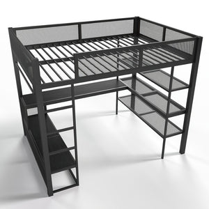English Elm Queen Metal Loft Bed with Built-in Desk Shelves and Hanging Rod for Small Spaces W5305S00031