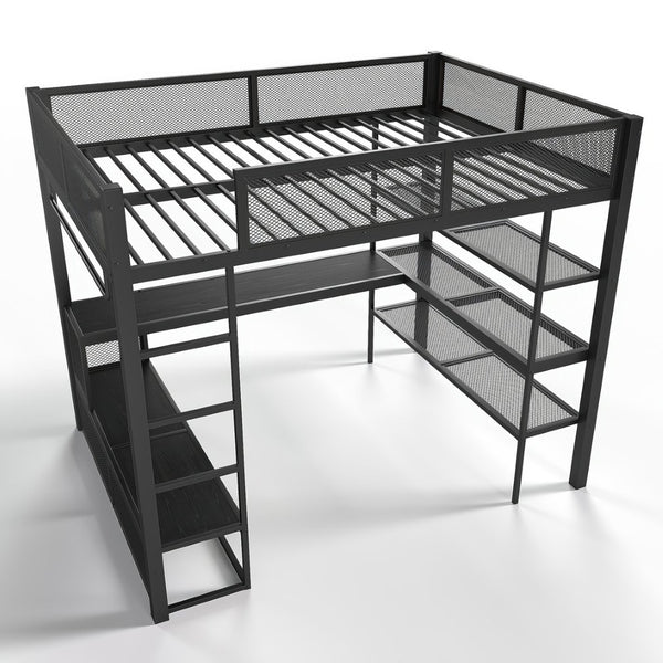 English Elm Queen Metal Loft Bed with Built-in Desk Shelves and Hanging Rod for Small Spaces W5305S00031