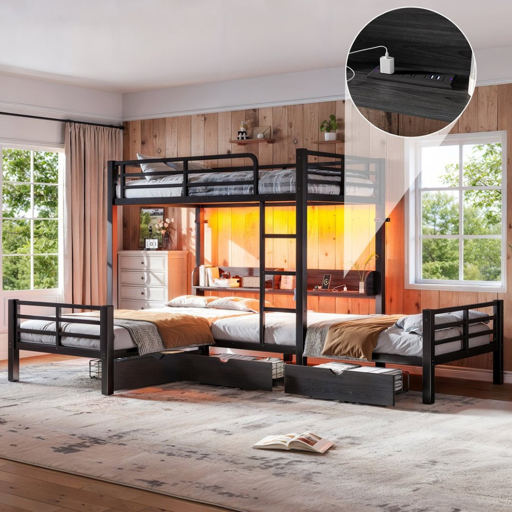 English Elm Triple Loft Bunk Bed L-shaped Metal Frame with Led Lights Usb Ports Storage Shelves W5305S00037