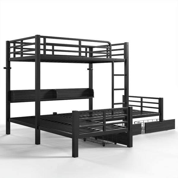 English Elm Triple Loft Bunk Bed L-shaped Metal Frame with Led Lights Usb Ports Storage Shelves W5305S00037