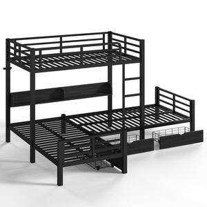 English Elm Triple Loft Bunk Bed L-shaped Metal Frame with Led Lights Usb Ports Storage Shelves W5305S00037