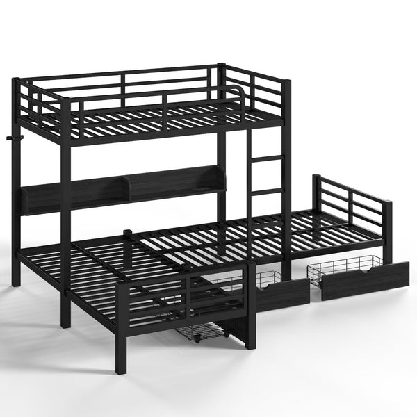 English Elm Triple Loft Bunk Bed L-shaped Metal Frame with Led Lights Usb Ports Storage Shelves W5305S00037