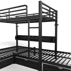 English Elm Triple Loft Bunk Bed L-shaped Metal Frame with Led Lights Usb Ports Storage Shelves W5305S00037
