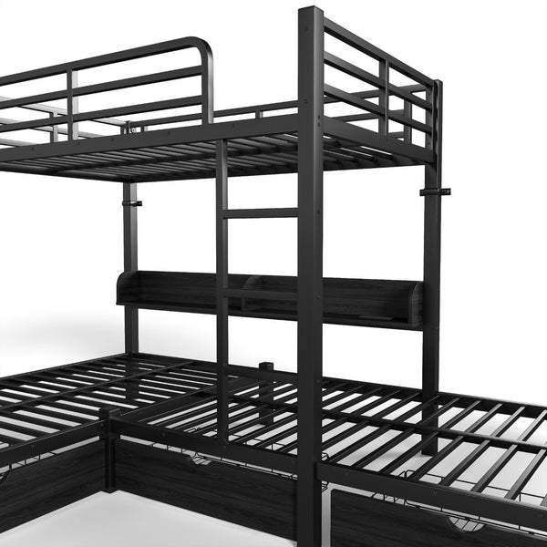 English Elm Triple Loft Bunk Bed L-shaped Metal Frame with Led Lights Usb Ports Storage Shelves W5305S00037