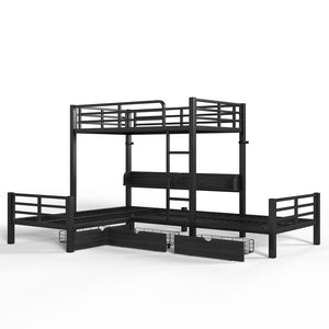 English Elm Triple Loft Bunk Bed L-shaped Metal Frame with Led Lights Usb Ports Storage Shelves W5305S00037