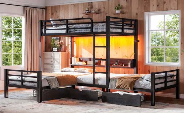 English Elm Triple Loft Bunk Bed L-shaped Metal Frame with Led Lights Usb Ports Storage Shelves W5305S00037