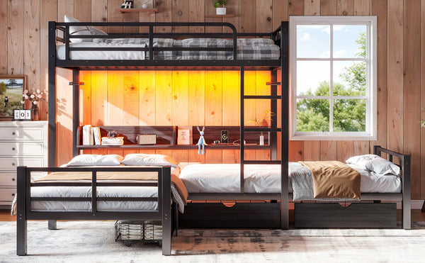 English Elm Triple Loft Bunk Bed L-shaped Metal Frame with Led Lights Usb Ports Storage Shelves W5305S00037