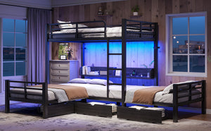 English Elm Triple Loft Bunk Bed L-shaped Metal Frame with Led Lights Usb Ports Storage Shelves W5305S00037