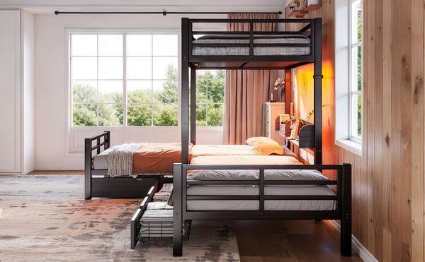 English Elm Triple Loft Bunk Bed L-shaped Metal Frame with Led Lights Usb Ports Storage Shelves W5305S00037