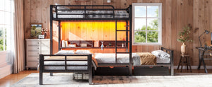 English Elm Triple Loft Bunk Bed L-shaped Metal Frame with Led Lights Usb Ports Storage Shelves W5305S00037