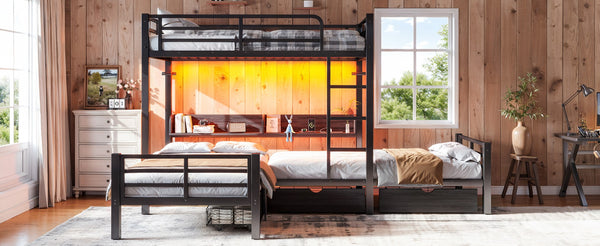 English Elm Triple Loft Bunk Bed L-shaped Metal Frame with Led Lights Usb Ports Storage Shelves W5305S00037