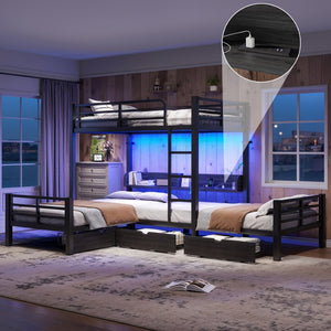 English Elm Triple Loft Bunk Bed L-shaped Metal Frame with Led Lights Usb Ports Storage Shelves W5305S00037