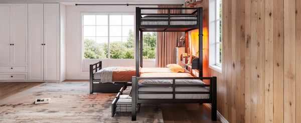 English Elm Triple Loft Bunk Bed L-shaped Metal Frame with Led Lights Usb Ports Storage Shelves W5305S00037