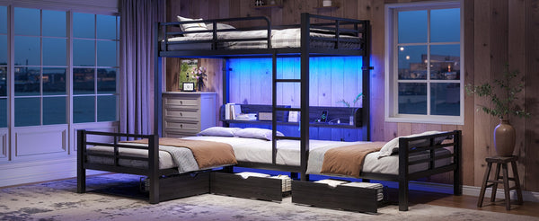 English Elm Triple Loft Bunk Bed L-shaped Metal Frame with Led Lights Usb Ports Storage Shelves W5305S00037