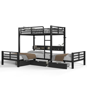 English Elm Triple Loft Bunk Bed L-shaped Metal Frame with Led Lights Usb Ports Storage Shelves W5305S00037