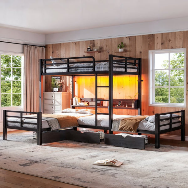 English Elm Triple Loft Bunk Bed L-shaped Metal Frame with Led Lights Usb Ports Storage Shelves W5305S00037