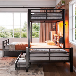 English Elm Triple Loft Bunk Bed L-shaped Metal Frame with Led Lights Usb Ports Storage Shelves W5305S00037