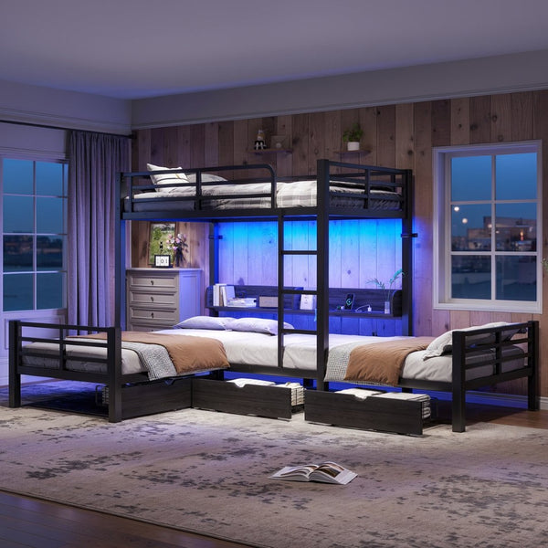English Elm Triple Loft Bunk Bed L-shaped Metal Frame with Led Lights Usb Ports Storage Shelves W5305S00037