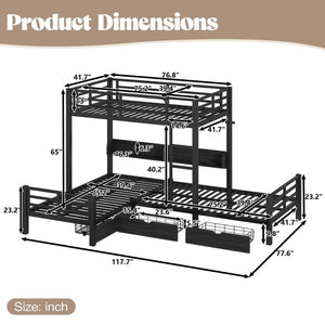 English Elm Triple Loft Bunk Bed L-shaped Metal Frame with Led Lights Usb Ports Storage Shelves W5305S00037