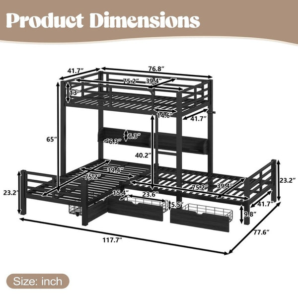 English Elm Triple Loft Bunk Bed L-shaped Metal Frame with Led Lights Usb Ports Storage Shelves W5305S00037
