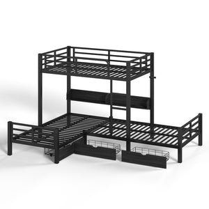 English Elm Triple Loft Bunk Bed L-shaped Metal Frame with Led Lights Usb Ports Storage Shelves W5305S00037