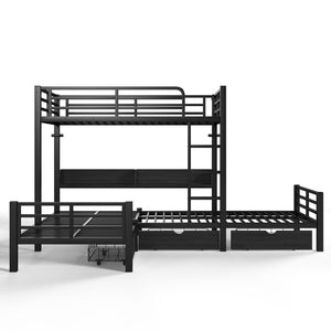 English Elm Triple Loft Bunk Bed L-shaped Metal Frame with Led Lights Usb Ports Storage Shelves W5305S00037