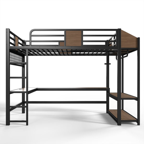English Elm Queen Metal Loft Bed with L-shaped Desk Storage Shelves Led Lights and Usb Ports W5305S00051