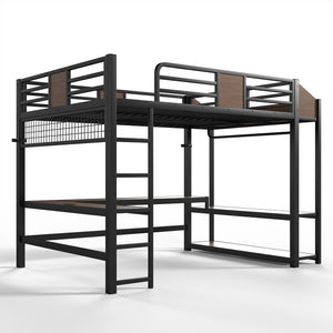 English Elm Queen Metal Loft Bed with L-shaped Desk Storage Shelves Led Lights and Usb Ports W5305S00051