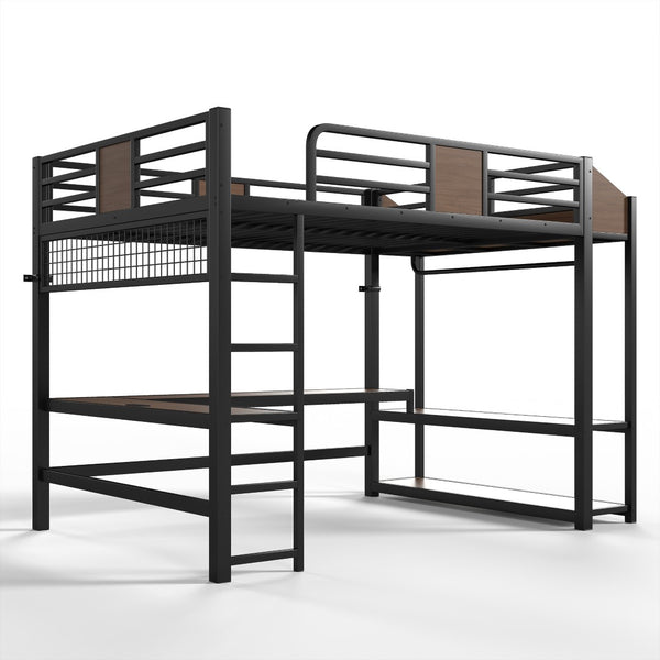 English Elm Queen Metal Loft Bed with L-shaped Desk Storage Shelves Led Lights and Usb Ports W5305S00051