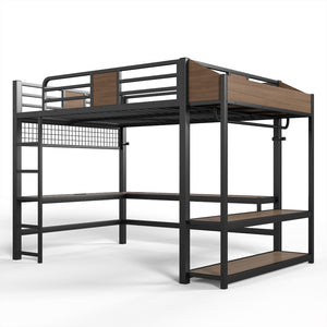 English Elm Queen Metal Loft Bed with L-shaped Desk Storage Shelves Led Lights and Usb Ports W5305S00051