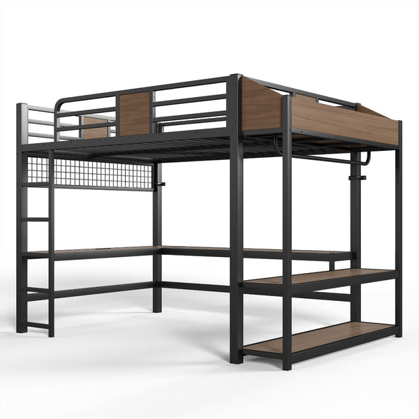 English Elm Queen Metal Loft Bed with L-shaped Desk Storage Shelves Led Lights and Usb Ports W5305S00051