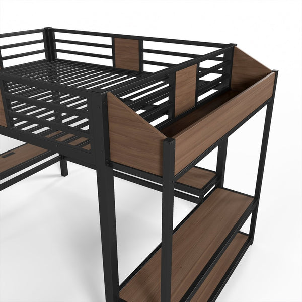 English Elm Queen Metal Loft Bed with L-shaped Desk Storage Shelves Led Lights and Usb Ports W5305S00051