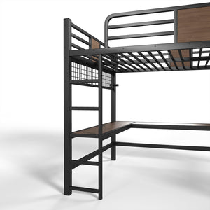 English Elm Queen Metal Loft Bed with L-shaped Desk Storage Shelves Led Lights and Usb Ports W5305S00051