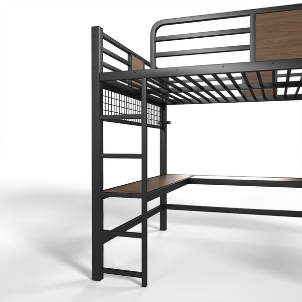 English Elm Queen Metal Loft Bed with L-shaped Desk Storage Shelves Led Lights and Usb Ports W5305S00051