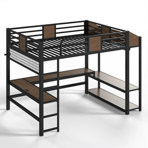 English Elm Queen Metal Loft Bed with L-shaped Desk Storage Shelves Led Lights and Usb Ports W5305S00051