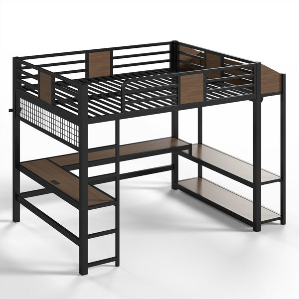 English Elm Queen Metal Loft Bed with L-shaped Desk Storage Shelves Led Lights and Usb Ports W5305S00051